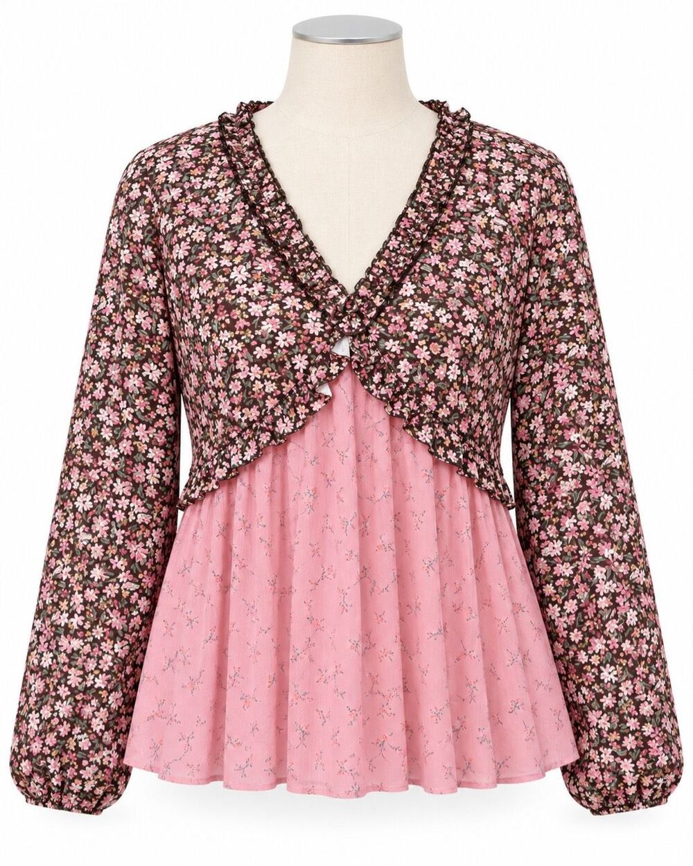 Pyramid Collection Floral Mixed Media Boho Blouse Pink Brown L NEW
